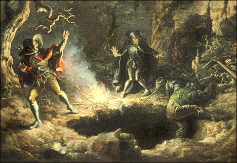 Oil painting of three colonial money mad men around a large hole in a cemetery