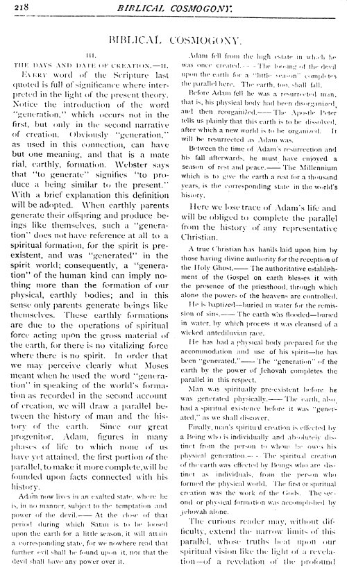 "Biblical Cosmogony" Article, Contributor Vol. 8 Page 218