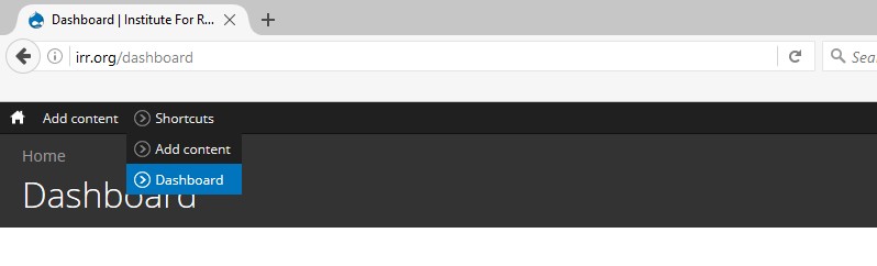 A website page showing the dashboard and a link under Shortcuts to the dashboard