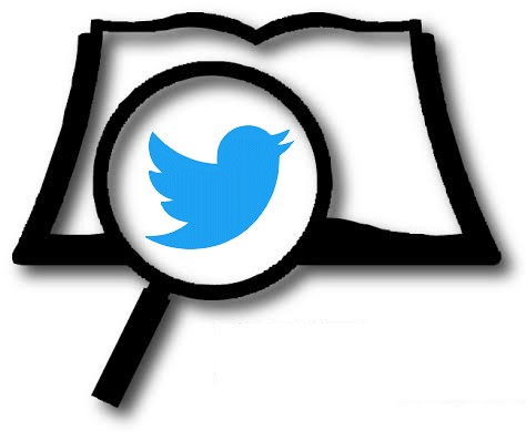 Blue Twitter bird symbol over the IRR logo of a magnifying glass over an open book