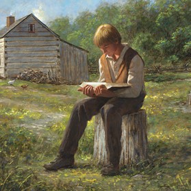 Young Joseph Smith sitting on a stump reading the Bible