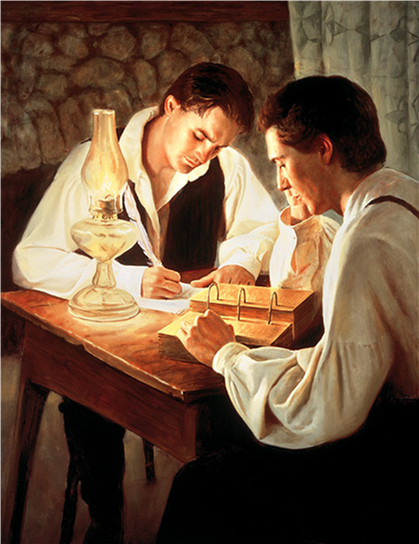 Antiga representação artística SUD: Joseph Smith traduzindo ditando o livro de Mórmon (considerada inacurada)