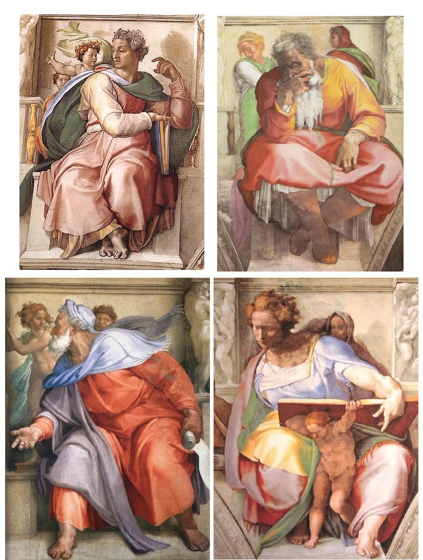Da esquerda para a direita: Isaías, Jeremias. Ezequiel e Daniel – afresco de Michelângelo – Capela Sistina, 1512. Four prophets by Michelangelo.