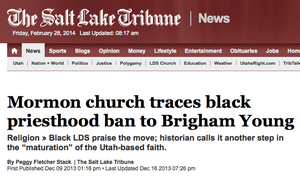 Newspaper article: Mormon church traces black priesthood ban to Brigham Young
