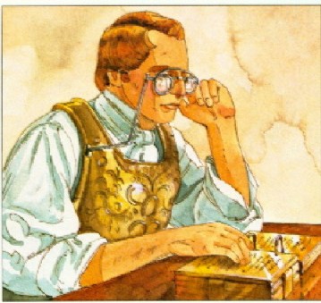 Joseph Smith at his desk wearing glasses and vest researching