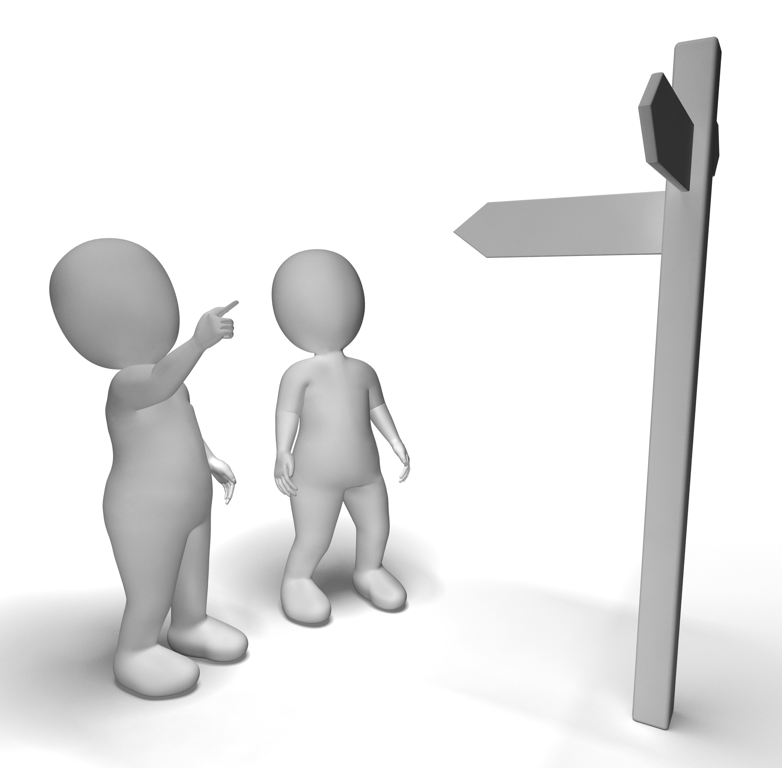 Two grey figures pointing to a sign post