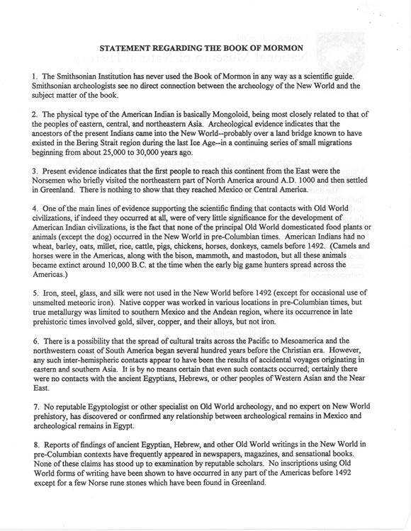 Statement Regarding The Book Of Mormon