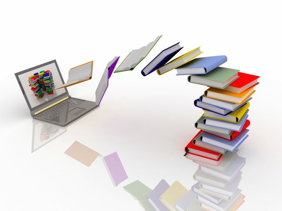 Books from a stack flying into a stack pictured on a computer screen