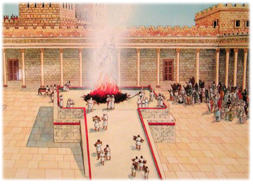 Illustration of priests walking up and down a ramp to sacrifice animals at Solomon's Temple
