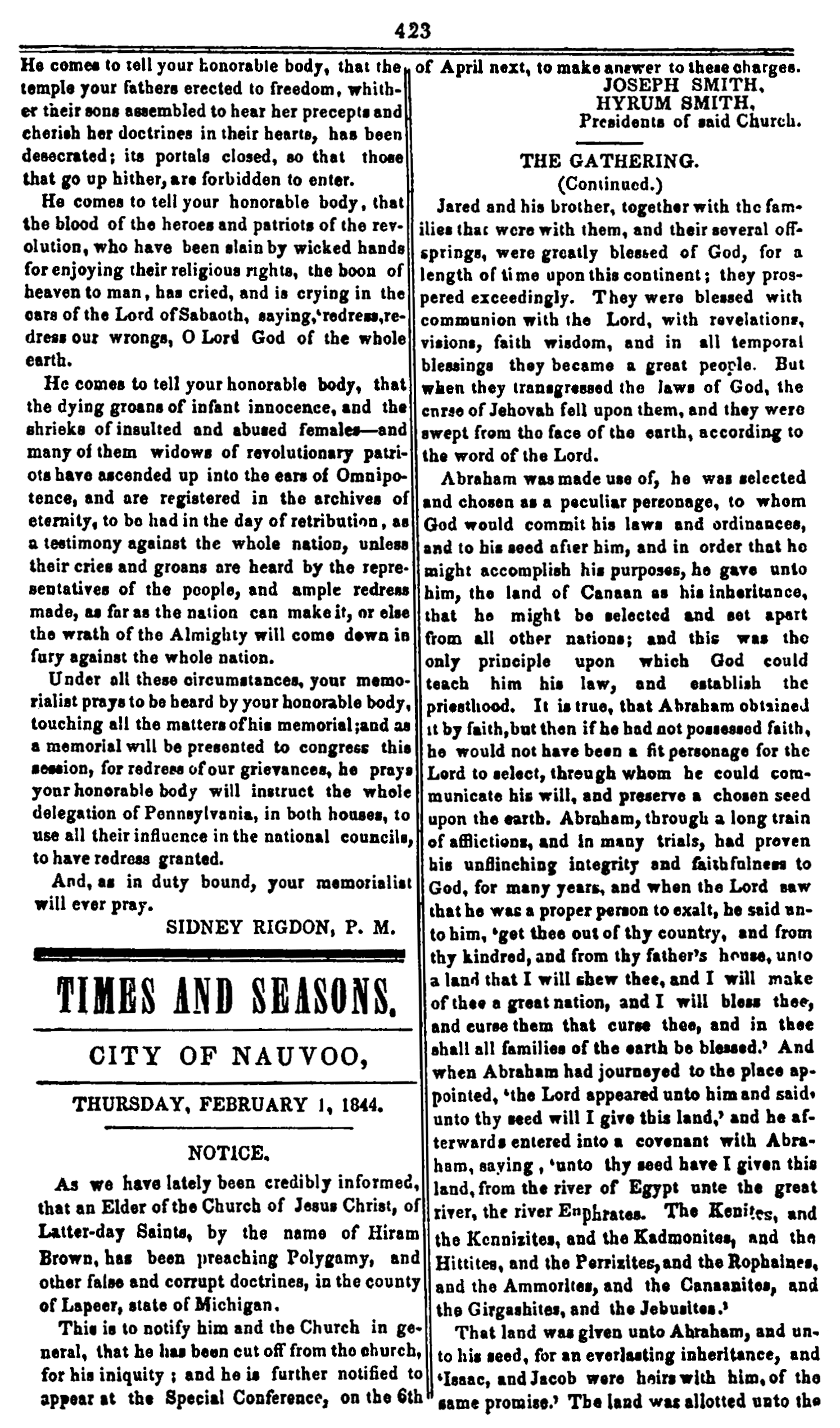 Times and Seasons, vol. 5, p. 423